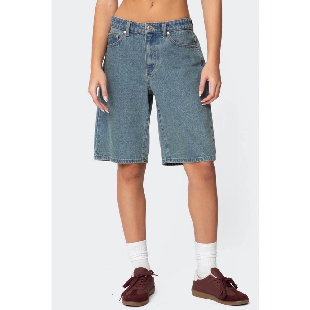 Edikted Mid-Length Blue Denim Bermuda Shorts